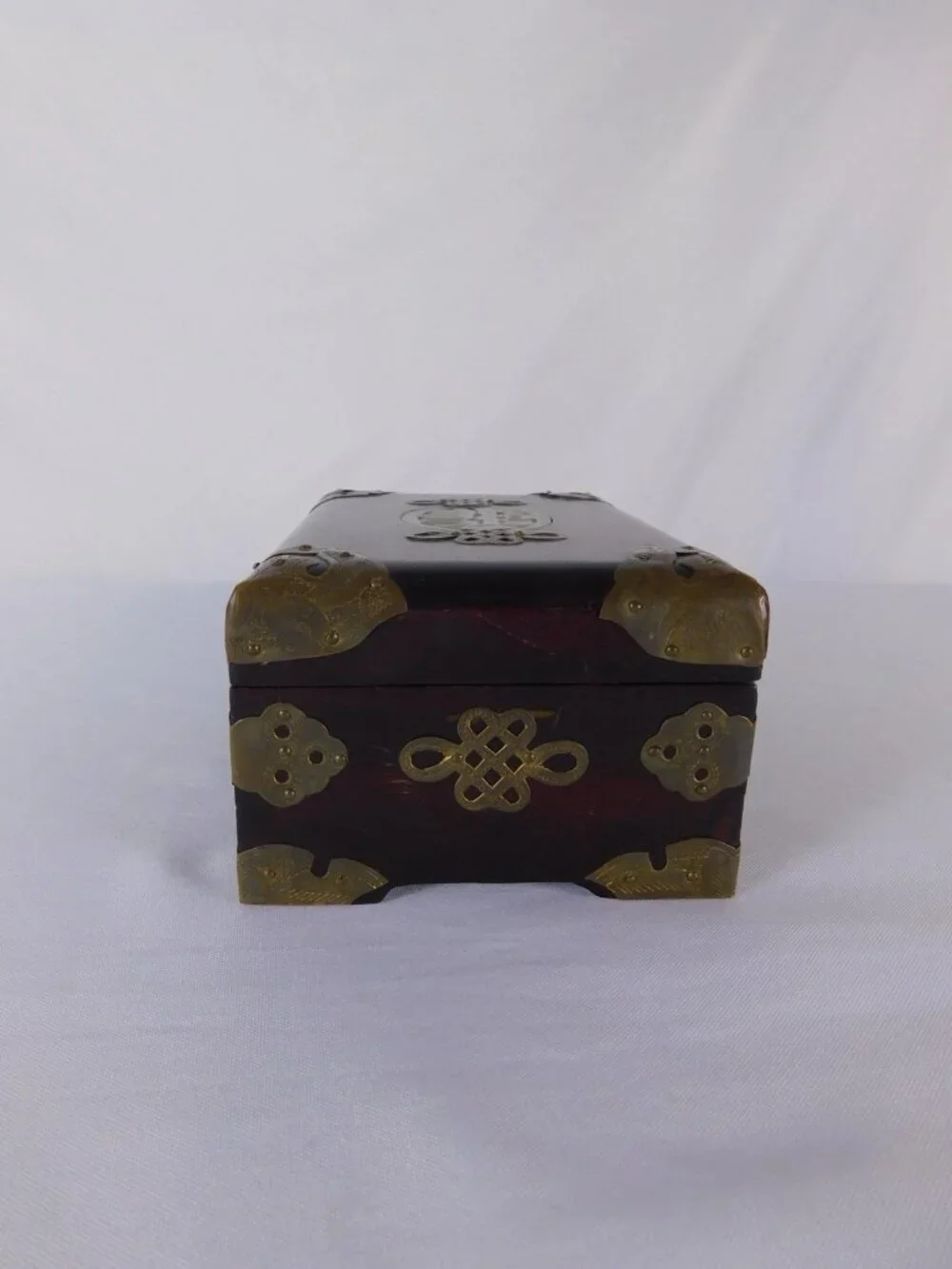 Vintage Chinese Wood Jewelry Box Brass Hardware Jade Inlay Style Lined Trinket